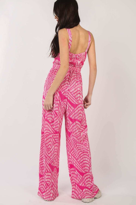 VERY J Printed Pleated Sleeveless Wide Leg Jumpsuit - Trendsi - Flyclothing LLC