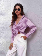 Collared Neck Buttoned Long Sleeve Shirt - Trendsi