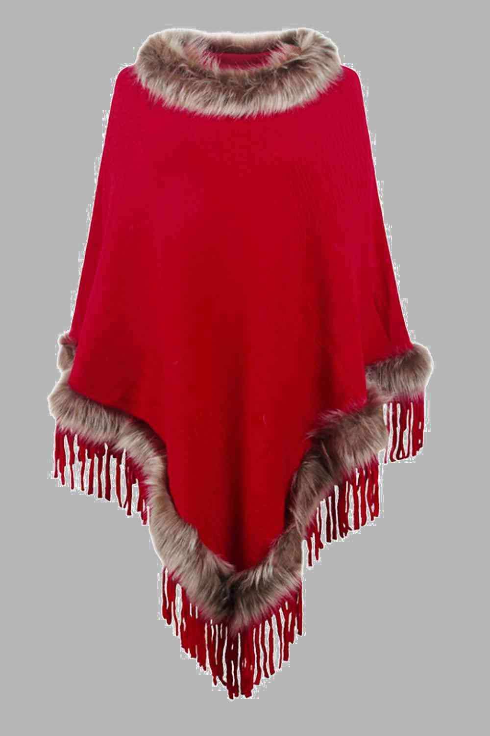 Faux Fur Trim Fringed Poncho - Trendsi - Flyclothing LLC