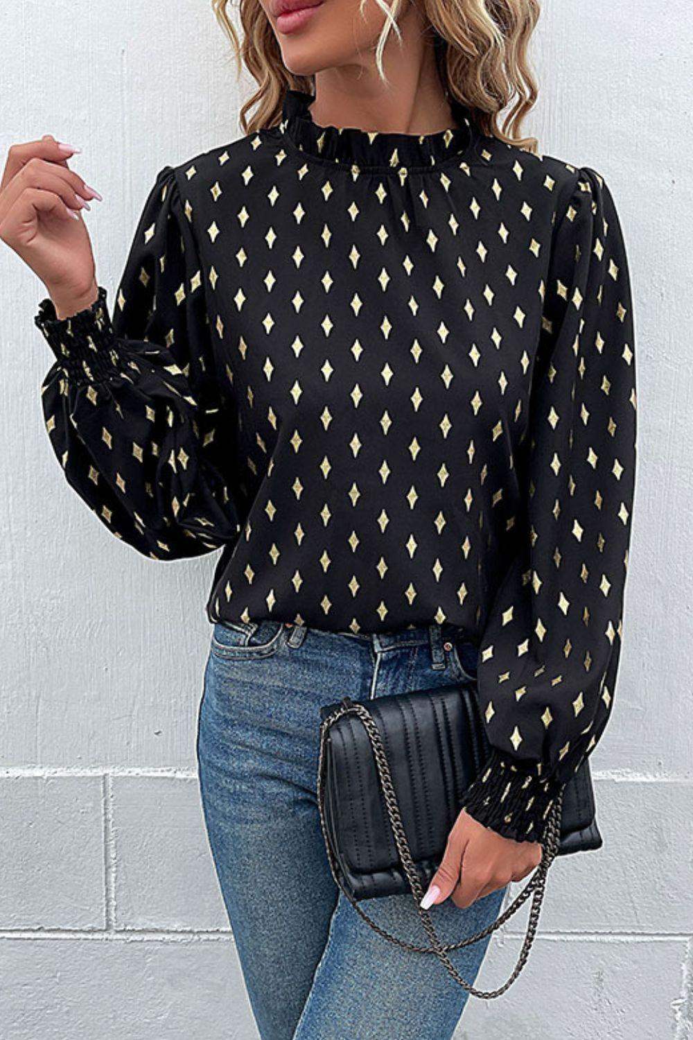 Geometric Print Frill Neck Lantern Sleeve Blouse - Trendsi - Flyclothing LLC