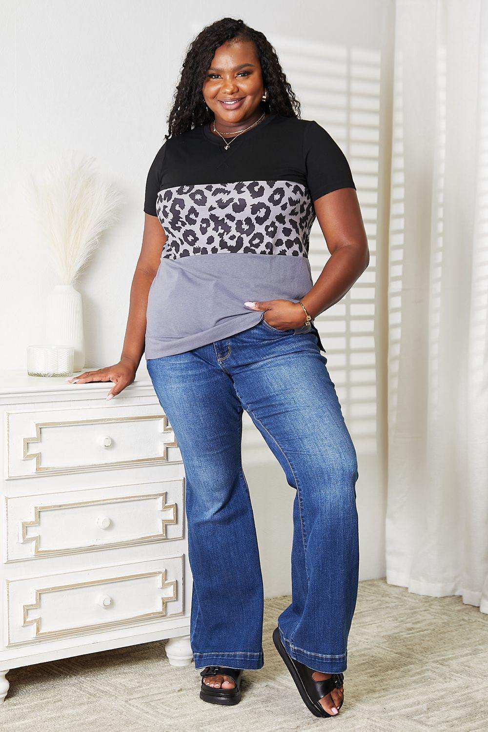 Double Take Leopard Print Color Block Short Sleeve T-Shirt - Trendsi - Flyclothing LLC