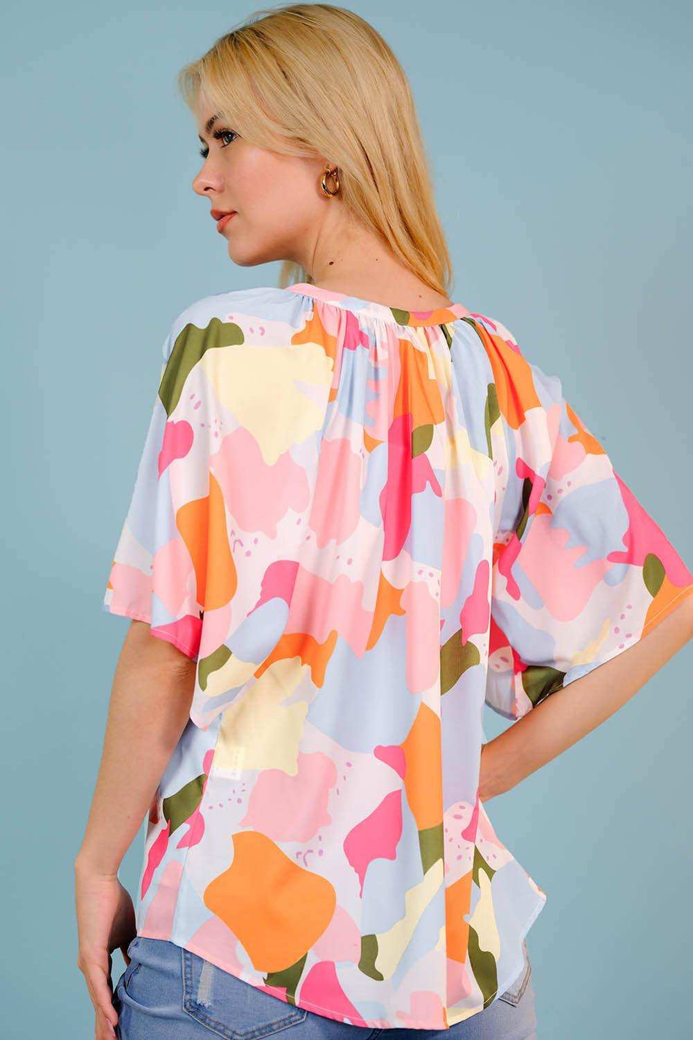 Printed Notched Neck Half Sleeve Blouse - Trendsi - Flyclothing LLC