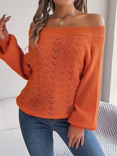 Openwork Off-Shoulder Long Sleeve Sweater - Trendsi