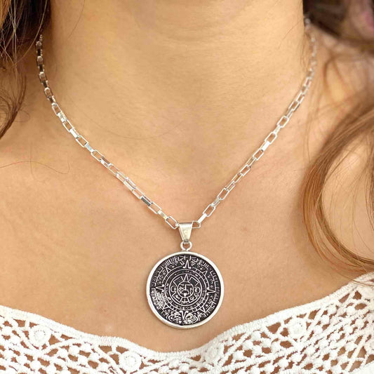 Alpaca Silver Aztec Calendar Pendant with Chain - Artisana