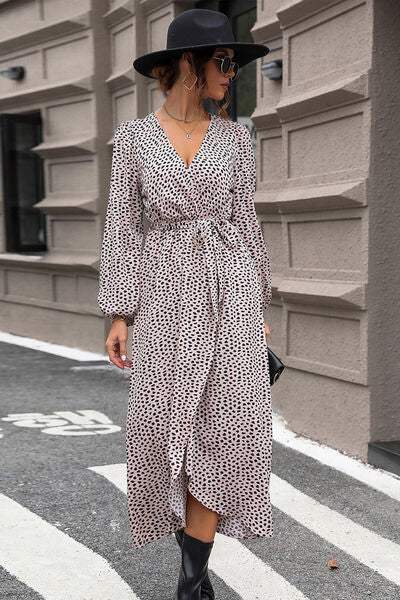 Slit Printed Surplice Balloon Sleeve Dress - Trendsi - Flyclothing LLC
