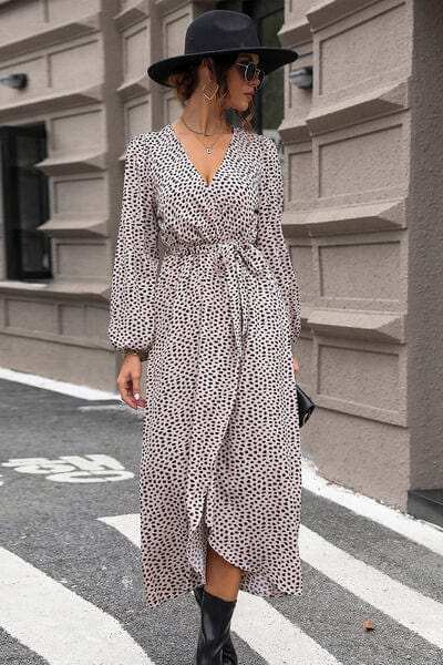 Slit Printed Surplice Balloon Sleeve Dress - Trendsi - Flyclothing LLC