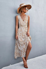 Printed V-Neck Tie Waist Maxi Dress - Trendsi - Flyclothing LLC