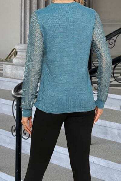 Waffle-Knit Round Neck Long Sleeve Blouse - Trendsi - Flyclothing LLC