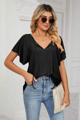 Eyelet Tie-Neck Flutter Sleeve Top - Trendsi - Flyclothing LLC