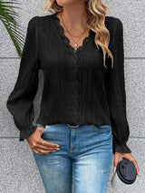 V-Neck Lace Detail Flounce Sleeve Blouse - Trendsi - Flyclothing LLC