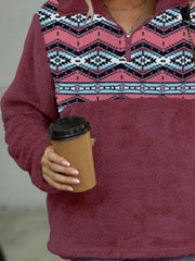 Geometric Quarter-Zip Collared Sweatshirt - Trendsi