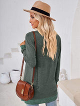 Crochet Contrast V-Neck Long Sleeve Slit T-Shirt - Trendsi - Flyclothing LLC
