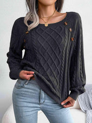 Decorative Button Cable-Knit Sweater - Trendsi