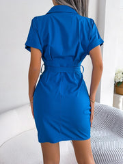 Button Down Ruched Tie Belt Dress - Trendsi