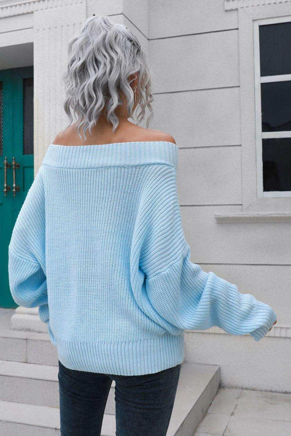 Off-Shoulder Ribbed Long Sleeve Pullover Sweater - Trendsi - Flyclothing LLC