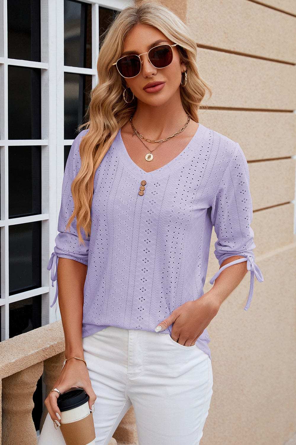 Eyelet Drawstring V-Neck Half Sleeve T-Shirt - Trendsi - Flyclothing LLC