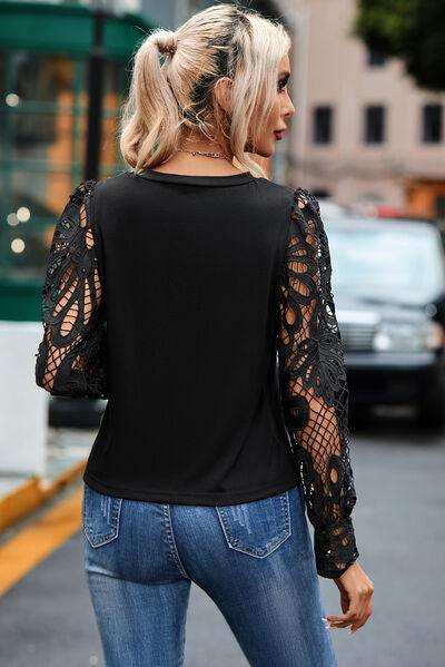 Openwork Round Neck Long Sleeve Blouse - Trendsi - Flyclothing LLC