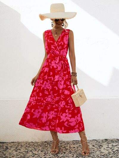 Tied Printed Surplice Tiered Dress - Trendsi - Flyclothing LLC