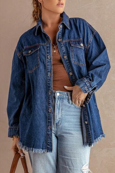 Button Up Pocketed Raw Hem Denim Jacket - Trendsi