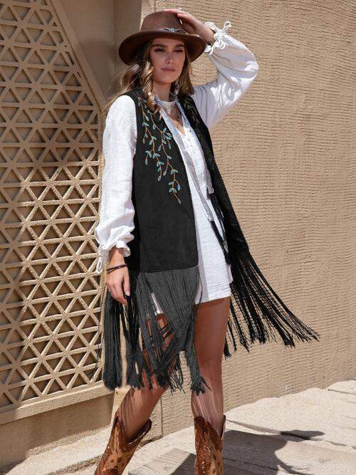 Fringe Hem Open Front Vest - Trendsi - Flyclothing LLC