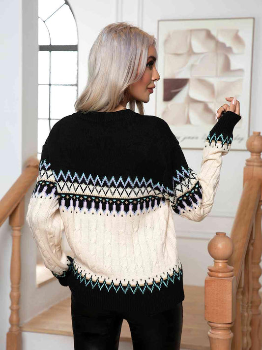 Round Neck Cable-Knit Sweater - Trendsi