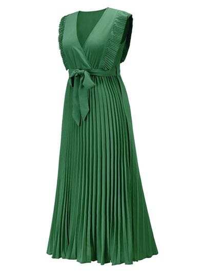 Tied Surplice Cap Sleeve Pleated Dress - Trendsi - Flyclothing LLC