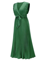 Tied Surplice Cap Sleeve Pleated Dress - Trendsi