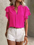Ruffled Notched Short Sleeve Blouse - Trendsi - Flyclothing LLC
