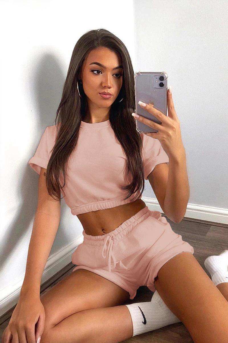 Short Sleeve Cropped Top and Drawstring Shorts Lounge Set - Trendsi - Flyclothing LLC