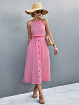 Buttoned Halter Neck Frill Trim Midi Dress - Trendsi - Flyclothing LLC