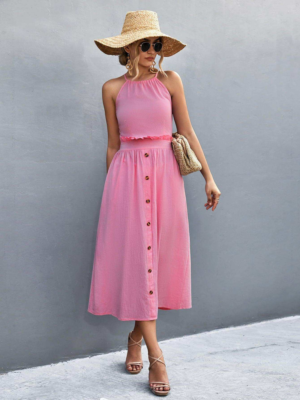 Buttoned Halter Neck Frill Trim Midi Dress - Trendsi - Flyclothing LLC