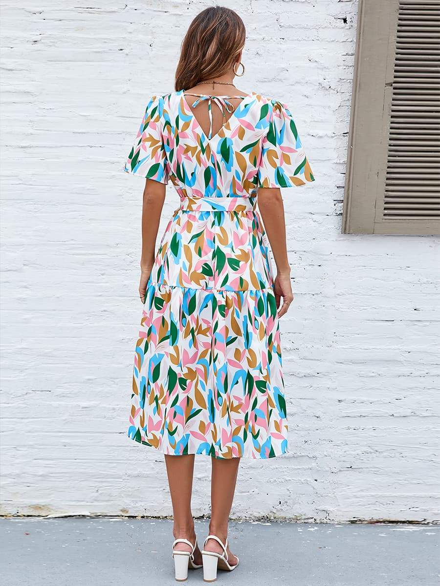 Printed Tie-Waist V-Neck Flutter Sleeve Dress - Trendsi - Flyclothing LLC