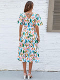 Printed Tie-Waist V-Neck Flutter Sleeve Dress - Trendsi