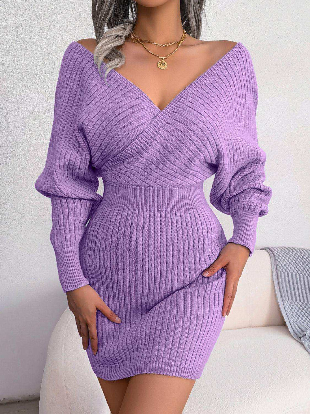 Rib-Knit Dolman Sleeve Sweater Dress - Trendsi - Flyclothing LLC