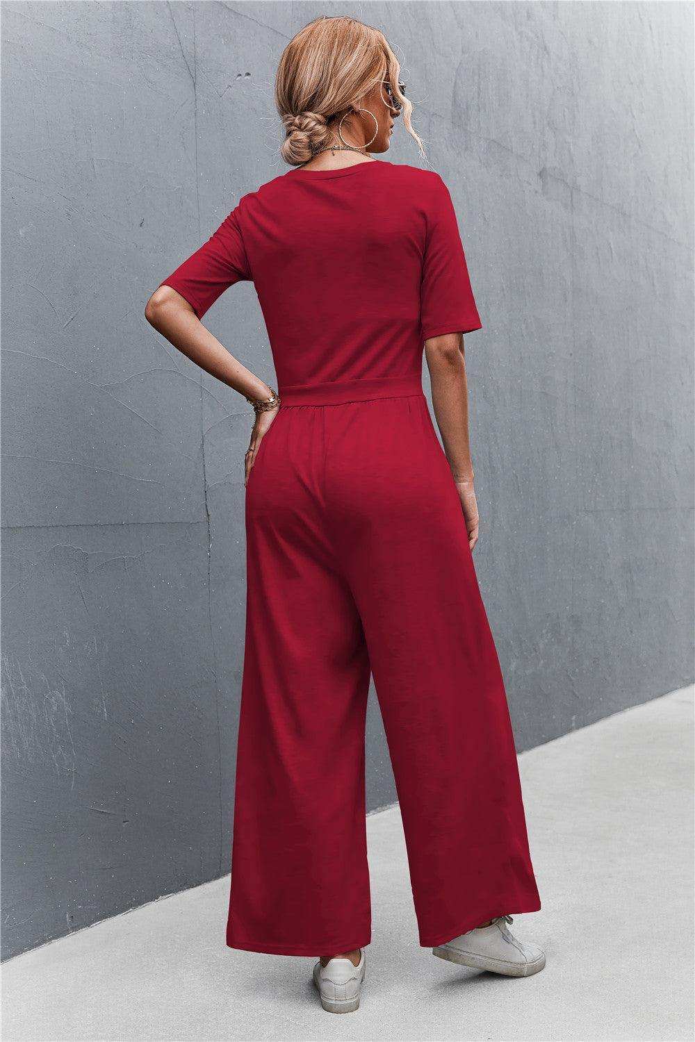 Scoop Neck Half Sleeve Wide Leg Jumpsuit - Trendsi - Flyclothing LLC