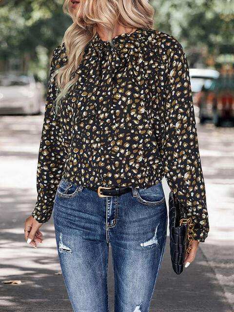 Printed Tie Neck Long Sleeve Top - Trendsi - Flyclothing LLC