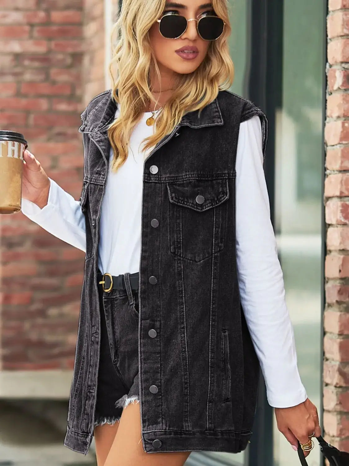 Collared Neck Sleeveless Denim Top with Pockets - Trendsi - Flyclothing LLC