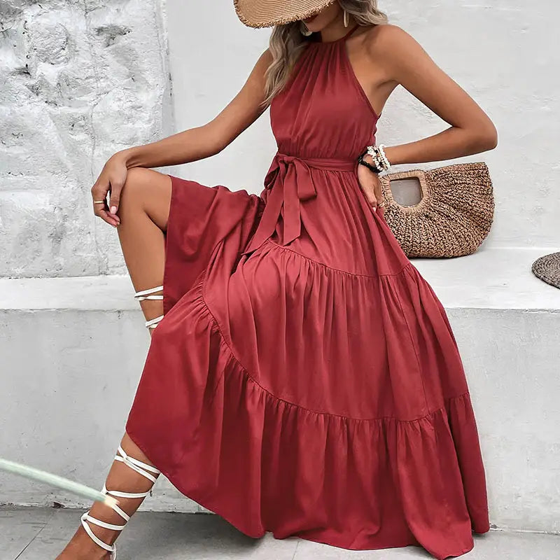 Tie Belt Tiered Midi Dress - Trendsi - Flyclothing LLC