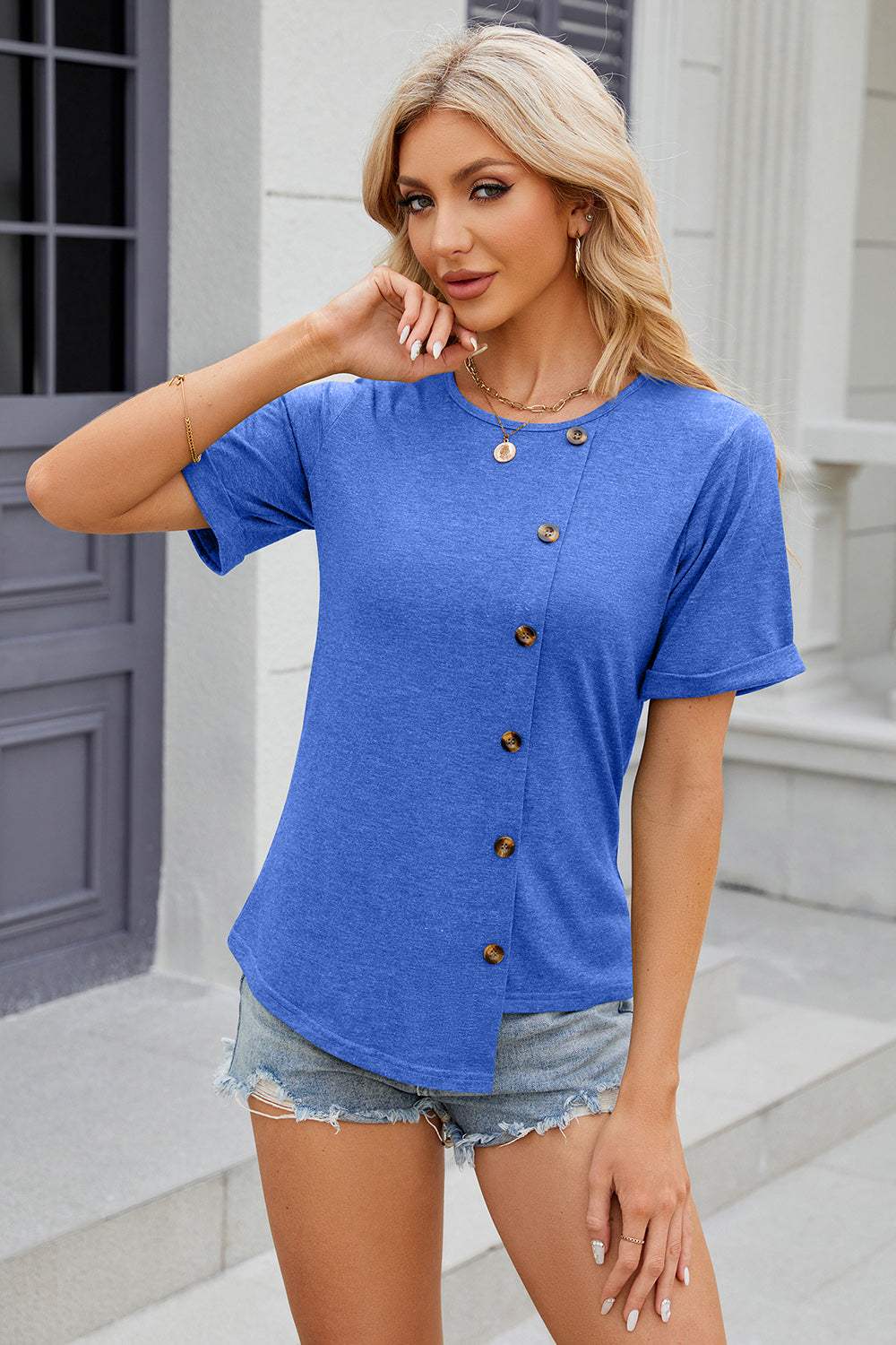 Round Neck Short Sleeve T-Shirt - Trendsi - Flyclothing LLC