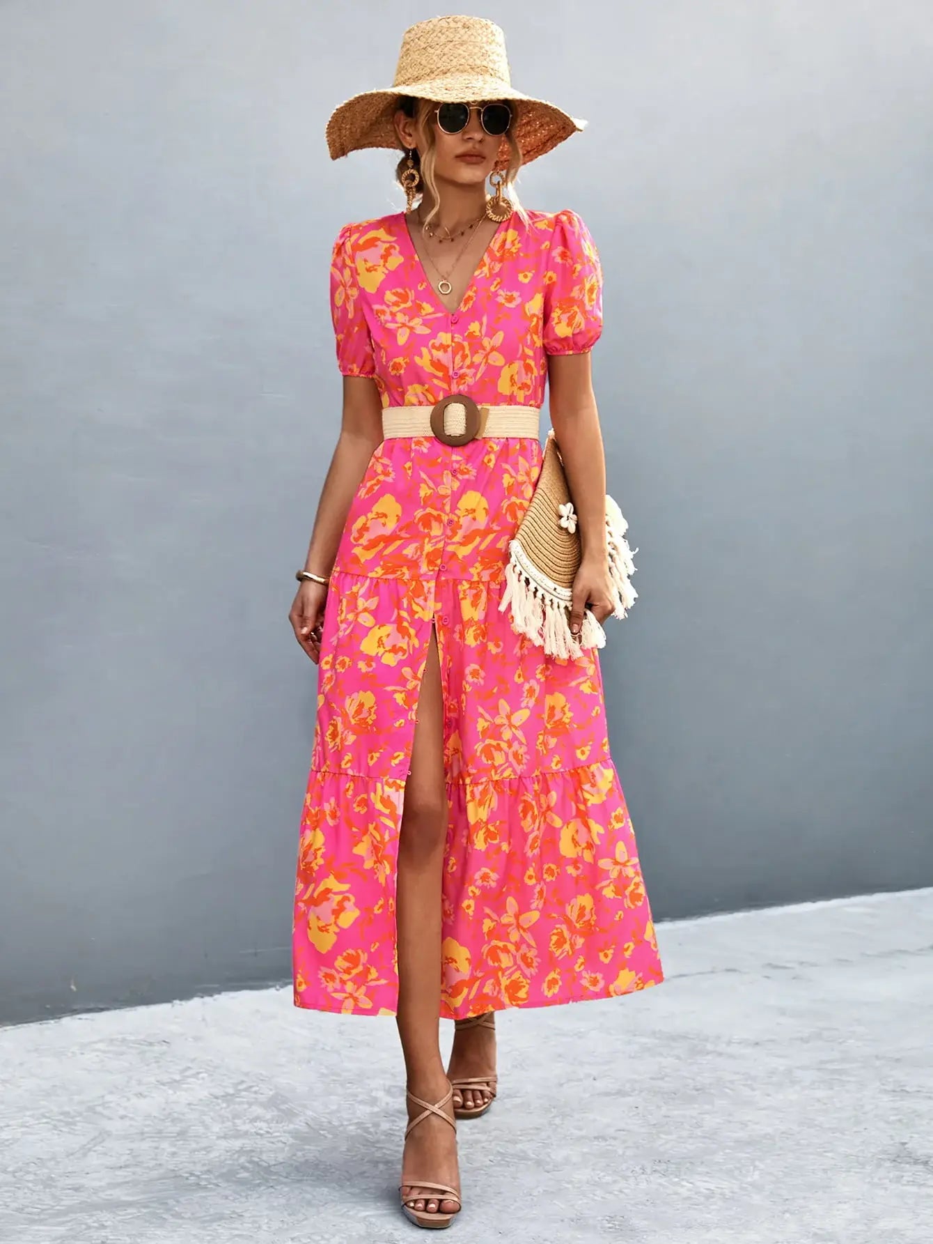 V-Neck Short Sleeve High Slit Midi Dress - Trendsi - Flyclothing LLC