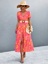 V-Neck Short Sleeve High Slit Midi Dress - Trendsi - Flyclothing LLC