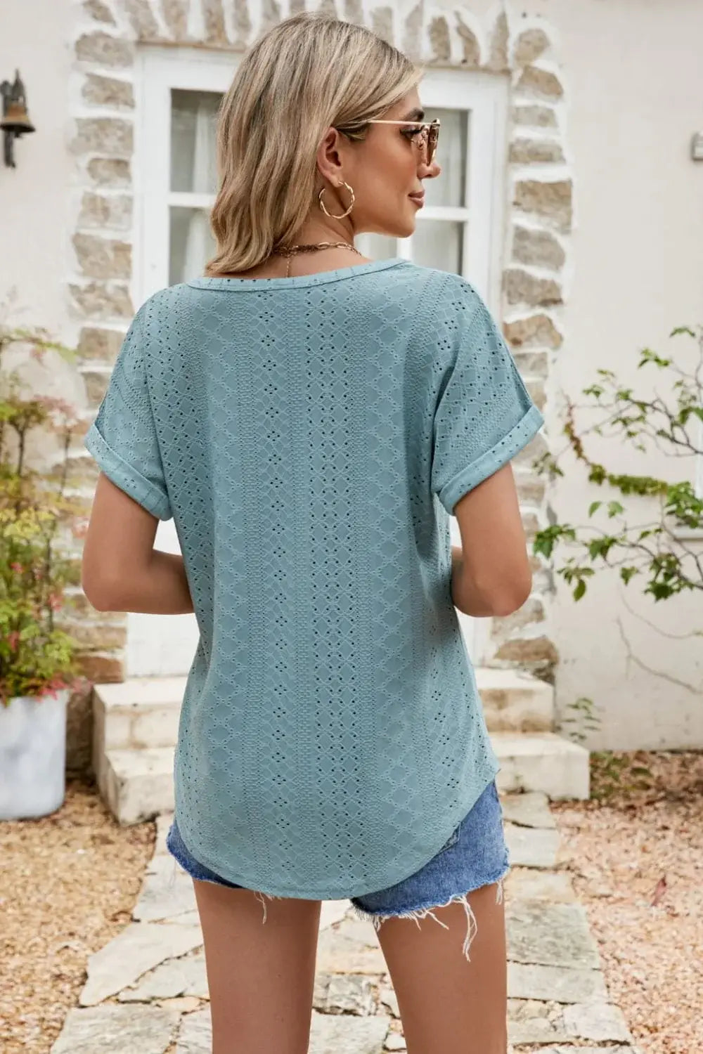 Full Size Round Neck Eyelet Short Sleeve Top - Trendsi - Flyclothing LLC
