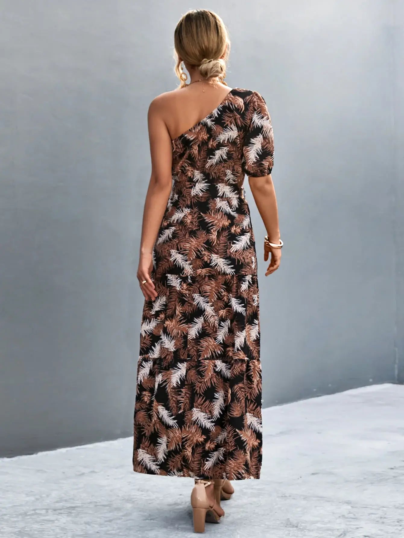 Printed Tie Waist One Shoulder Maxi Dress - Trendsi - Flyclothing LLC