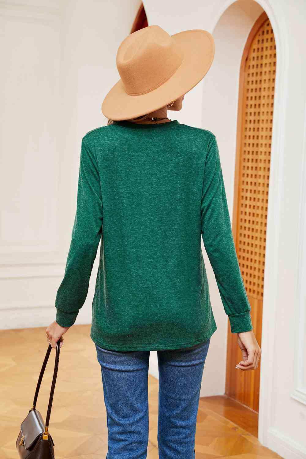 Buttoned Notched Neck Long Sleeve Top - Trendsi - Flyclothing LLC