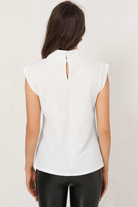 Mock Neck Cap Sleeve Blouse - Trendsi - Flyclothing LLC
