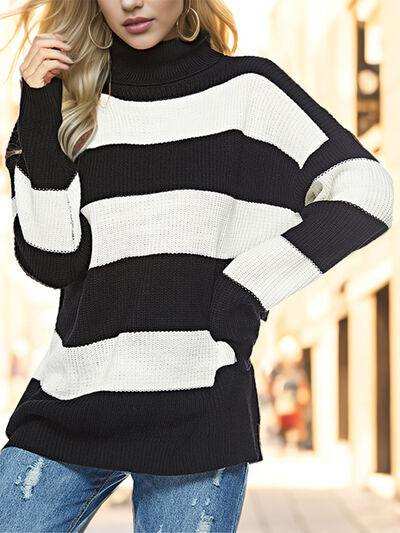Striped Turtleneck Long Sleeve Sweater - Trendsi - Flyclothing LLC