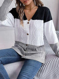 Cable-Knit Striped Button Up Cardigan - Trendsi
