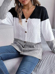 Cable-Knit Striped Button Up Cardigan - Trendsi