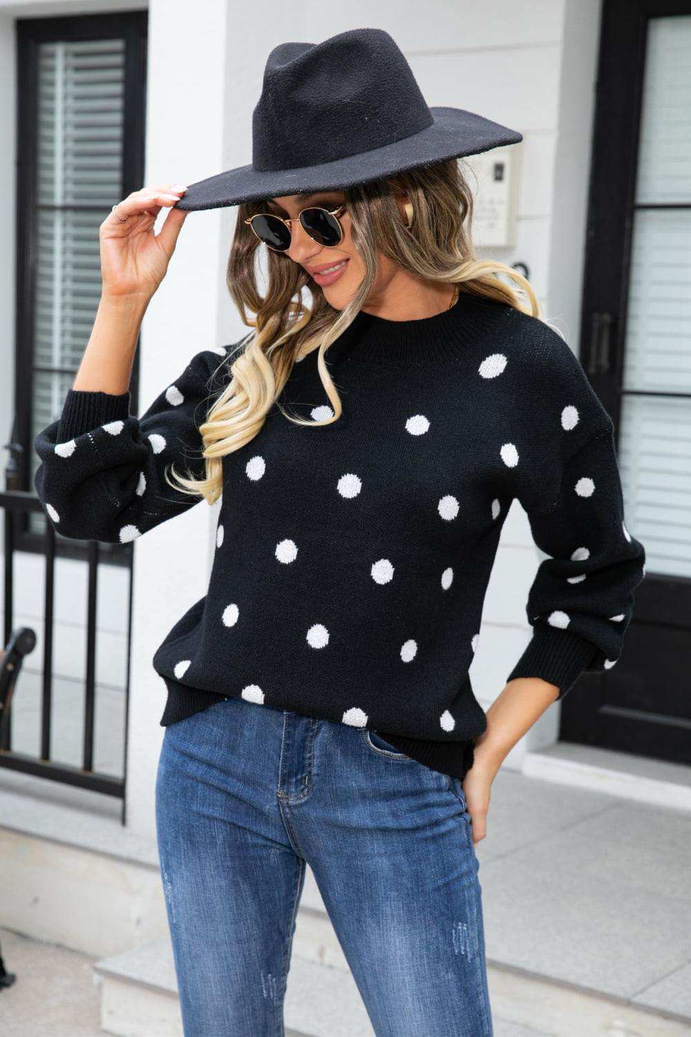 Polka Dot Round Neck Dropped Shoulder Sweater - Trendsi - Flyclothing LLC