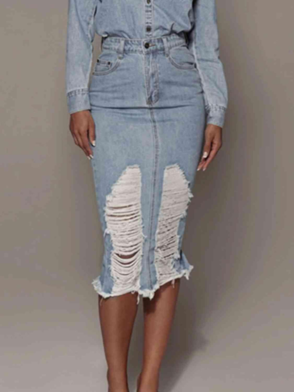 Distressed Slit Denim Skirt - Trendsi